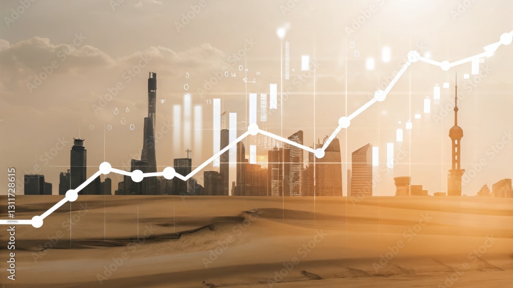 Poster a dynamic skyline with rising graph lines, symbolizing growth and progress in an urban setting durin