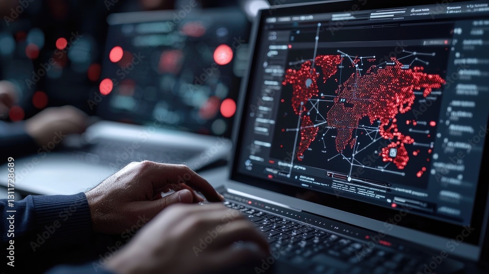 Poster global cybersecurity threat analysis on laptop with network visualization