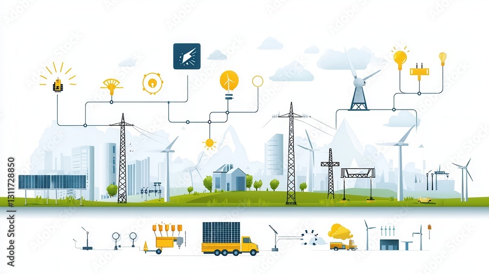 Poster futuristic smart grid system integrating various renewable energy technologies including solar panel