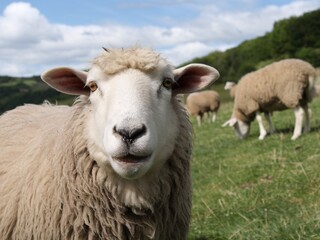 Obraz premium Close-up of a sheep in a lush green field with other sheep grazing in the background.