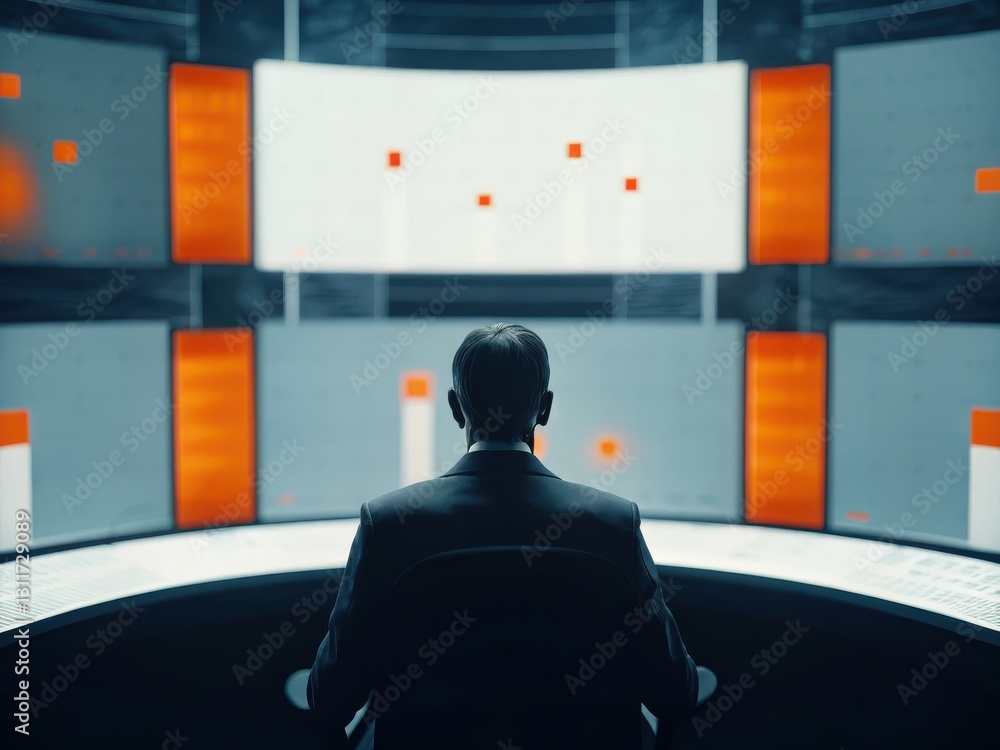 Poster a person in a suit sits in front of multiple screens, suggesting a high-tech environment focused on 