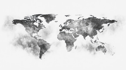 Grayscale world map with faded watercolor effect and atmospheric design elements