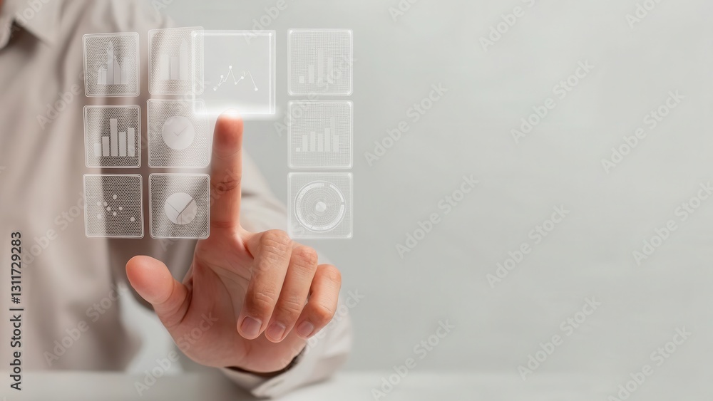 Poster a person interacts with a transparent touchscreen displaying various icons, symbolizing technology a