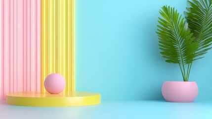 Pastel Minimalist Product Display with Pink Sphere and Plant
