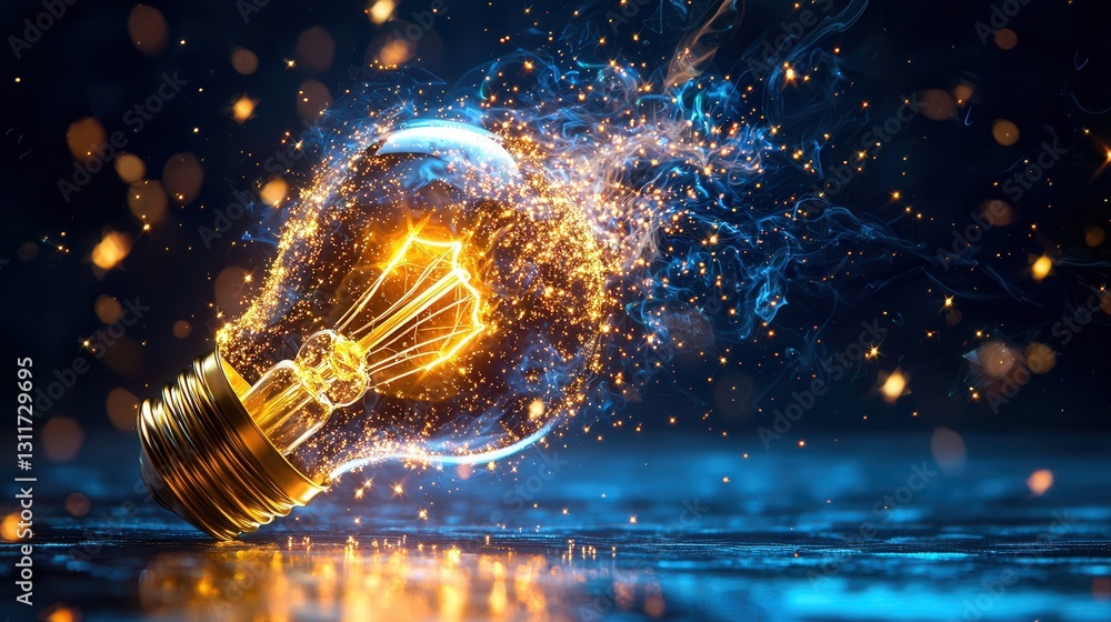 Poster a captivating and visually striking 3d rendering of an illuminated light bulb exploding with brillia