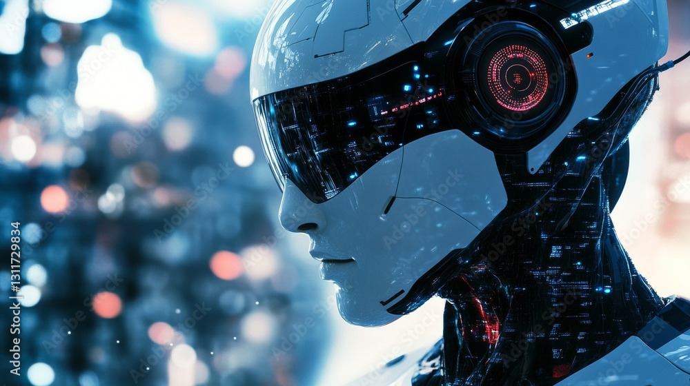 Poster a sleek, modern robot with a smooth, white surface and visor, staring into a futuristic background. 