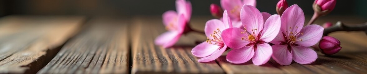 Delicate pink blossom atop rustic wooden table, design, spring