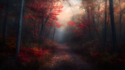 Fototapeta premium Misty Autumn Forest Path Red and Orange Leaves, Soft Light