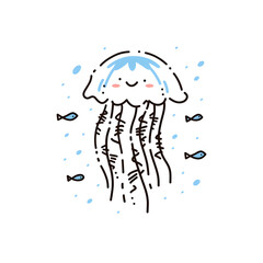 smiling  jellyfish artwork, Simple colors, intricate line art with blue fiches