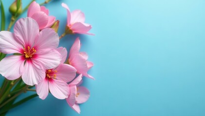 Fototapeta premium Delicate pink & white blooms, vibrant spring bouquet on blue backdrop, springtime, gentle, floral design
