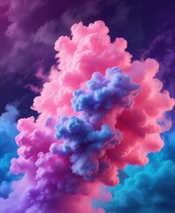 Fototapeta premium Iridescent colored smoke with neon pink purple and blue shades on a cloudy background, abstract pattern, colorful aura, rainbow mist