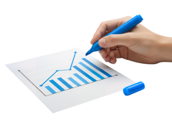 Hand Highlighting Growing Bar Graph with Blue Marker isolated on white or transparent png background