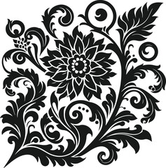 A sophisticated, symmetrical damask pattern featuring intricate floral and leaf-like designs in a rich black silhouette against a pure white background.