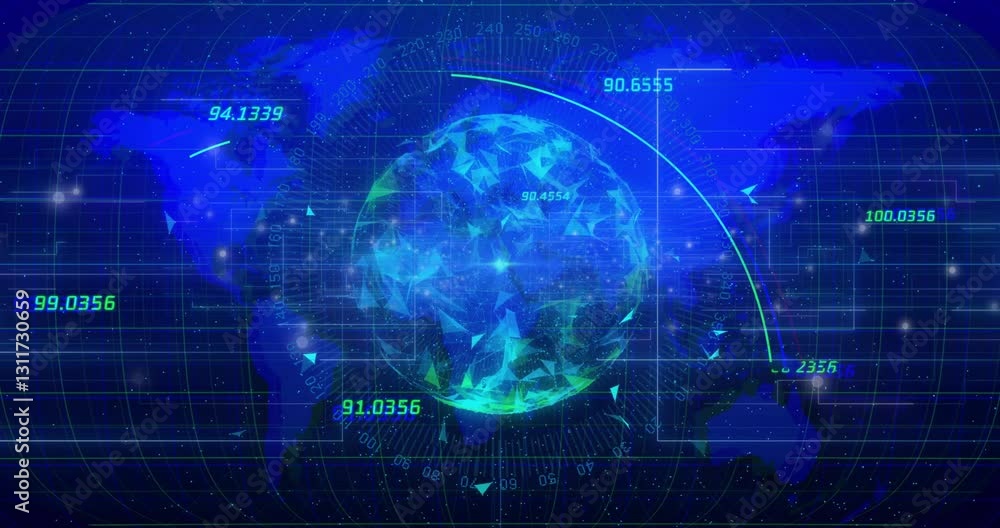 Poster animation of digital globe with data and network connections on world map background