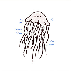 smiling pink jellyfish artwork, Simple colors, intricate line art with waves