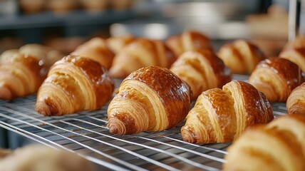 Close-up of golden croissants and muffins cooling on a rustic wooden table, inviting and freshly baked.