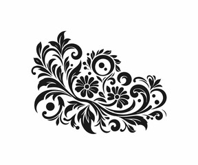 A sophisticated, symmetrical damask pattern featuring intricate floral and leaf-like designs in a rich black silhouette against a pure white background.