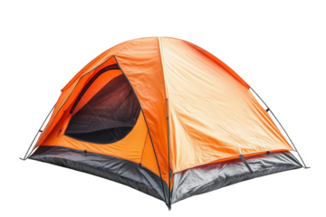 bright orange camping tent with a black base. designed for outdoor use it showcases an open entrance. emphasizing its purpose for camping and leisure activities in nature the tent is lightweight and p