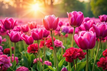 Vibrant Spring Meadow: Deep Pink Tulips and Geraniums