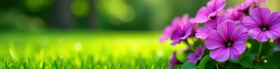 Fototapeta premium Emerald green lawn, vibrant purple petunias bloom , nature, horticulture