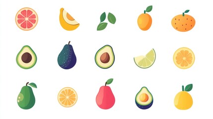 Colorful fruit slices and whole fruits, flat design, healthy food, vibrant collection