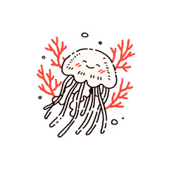  jellyfish artwork, Simple colors, intricate line art with red Corals