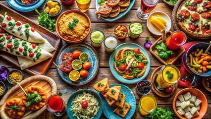 Vibrant Street Food & Cocktails: Overhead View of a Restaurant Table
