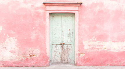 Fototapeta premium Rustic weathered wooden door on distressed pink wall exterior architectural detail