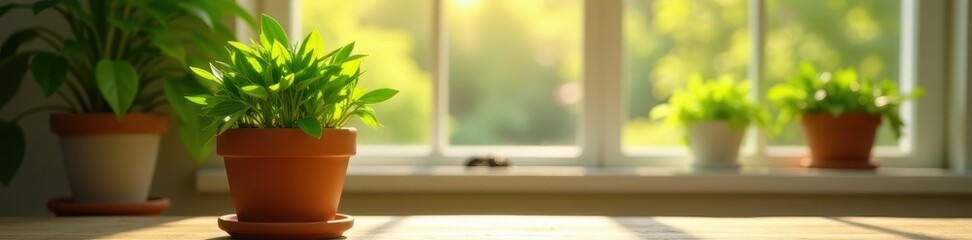 Fototapeta premium Green plant in terracotta pot on wooden table by sunlit window, peaceful, potted plant