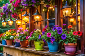 Vibrant Summer Cafe Window: Multicolored Petunias in Hanging Pots