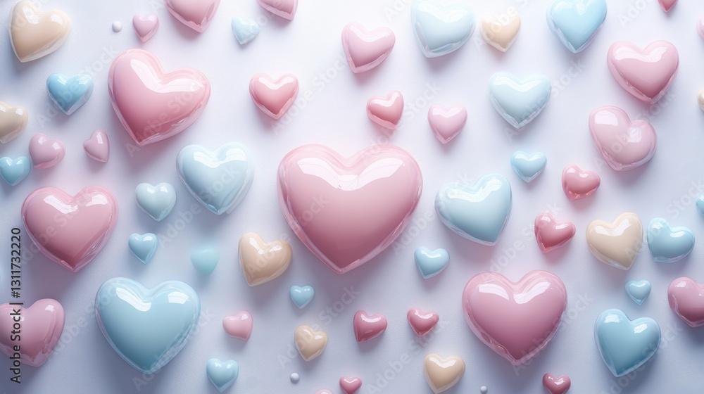 Poster a colorful array of shiny heart shaped objects in pastel colors on a soft background