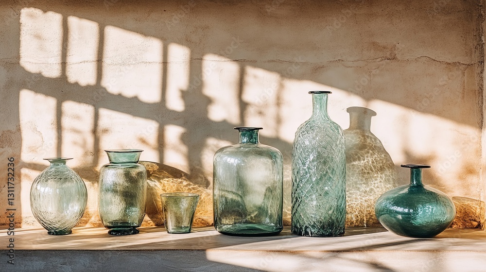 Aufkleber glass vases of varying shapes and sizes displayed on a ledge casting shadows in warm afternoon light