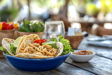 Salbutes with tender pulled chicken, vibrant handmade tortilla, traditional Yucatecan street food presentation with authentic garnishes