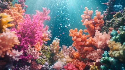 A dynamic underwater scene showcasing colorful coral varieties in vibrant pink, orange, and purple hues. Sunlight filters through the water while bubbles float around, adding life to the marine