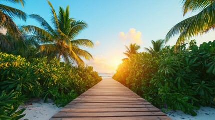 A serene wooden pathway leads through lush tropical greenery towards a stunning sunset over a tranquil beach, creating a perfect paradise setting for relaxation and escape.