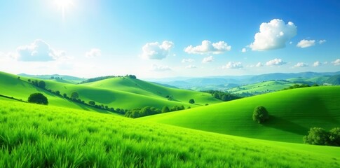 Obraz premium Lush green field, vibrant, rolling hills under bright sky, magnificent, stunning, open