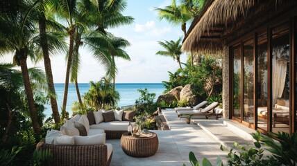 Fototapeta premium Luxurious villa featuring a tropical garden and inviting outdoor seating for ultimate relaxation and leisure.