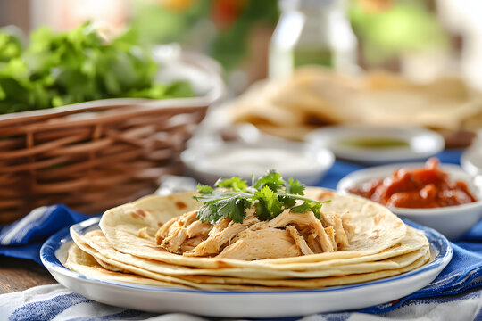 Salbutes with tender pulled chicken, vibrant handmade tortilla, traditional Yucatecan street food presentation with authentic garnishes
