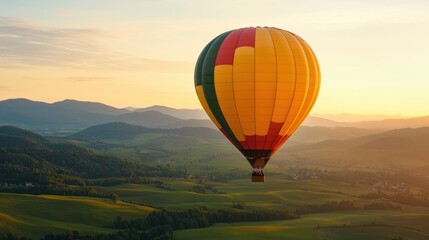 Naklejka premium A vibrant hot air balloon floats over a picturesque landscape at sunrise, offering stunning views of rolling hills and a serene sky, embodying the spirit of adventure and explorati