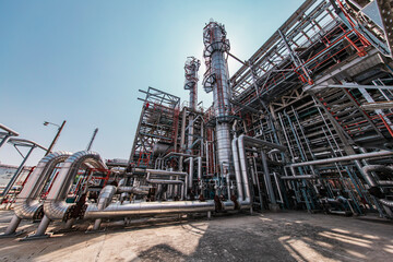 Fototapeta premium Oil​ refinery​ and​ plant and tower column of Petrochemistry industry Refinery plant equipment for pump pipeline oil and gas valves