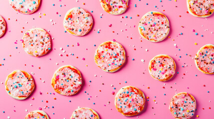Colorful frosted cookies with sprinkles on pink background