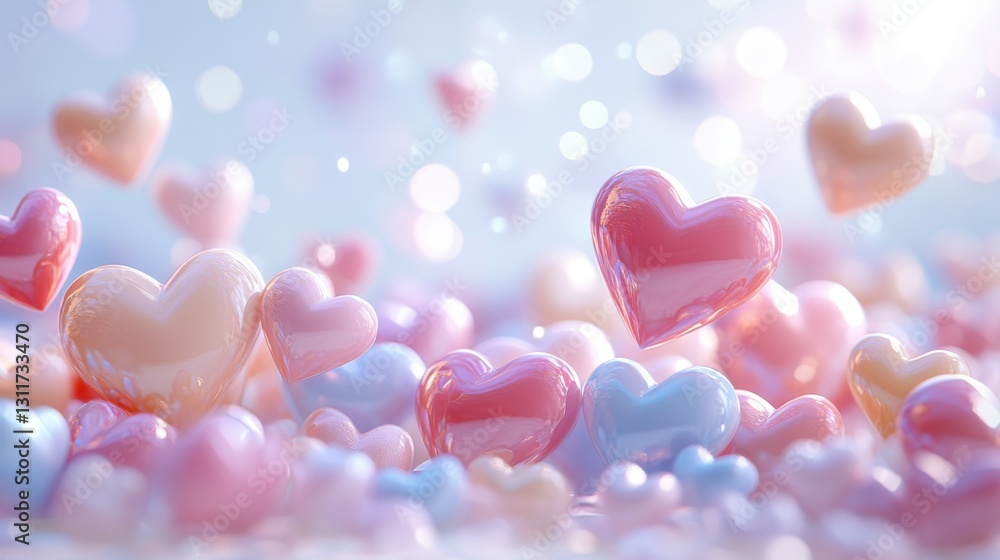 Poster a captivating display of colorful hearts floating through a dreamy, soft background