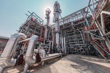 Fototapeta premium Oil​ refinery​ and​ plant and tower column of Petrochemistry industry Refinery plant equipment for pump pipeline oil and gas valves