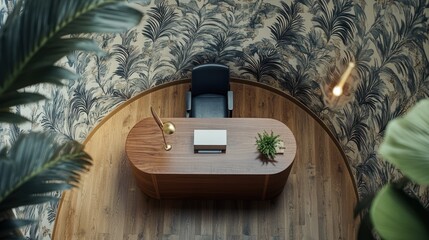 Oval Desk, Tropical Wall, Office Interior, Top View, Stylish Workspace, Use Stock Photo