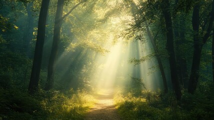 Obraz premium A misty path winds through a dense forest, sunlight piercing the fog, creating an enchanting atmosphere.