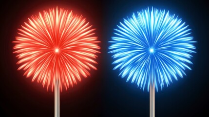 Red And Blue Fireworks Bursts At Night