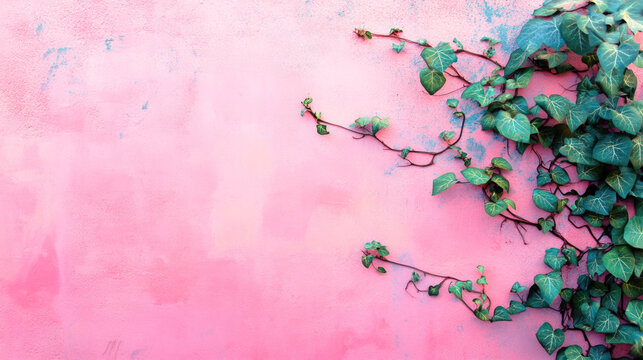 Vibrant green ivy against a textured pink wall