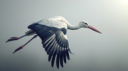 Majestic white stork in mid-flight with outstretched wings against a soft grey sky highlighting detailed feathers and graceful posture © Mehemmed