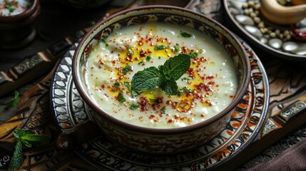 Turkish yogurt soup in ornate bowl with mint leaves, red pepper flakes, and olive oil against dark textured background, showcasing rich colors and traditional style.