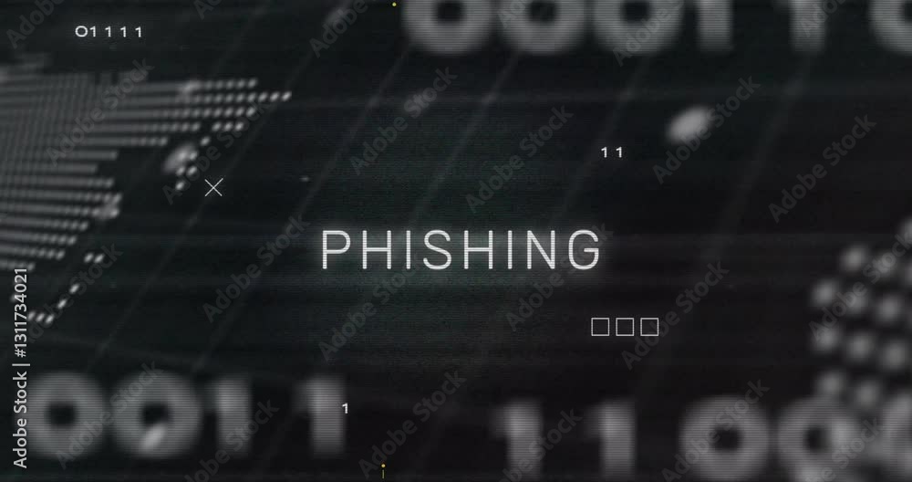 Poster animation of phishing text overlaying digital binary code and world map graphics
